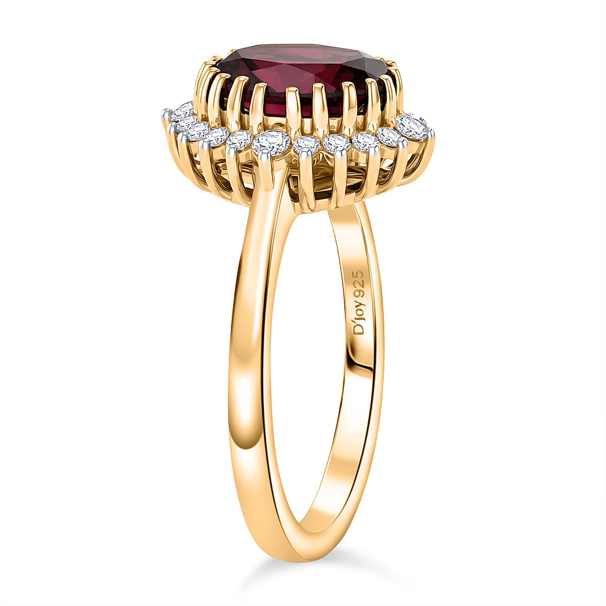 D'Joy Rhodolite Garnet & White Zircon Halo Ring in 18K Vermeil Yellow Gold Plated Sterling Silver 3 Ct.