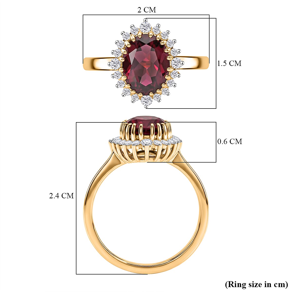 D'Joy Rhodolite Garnet & White Zircon Halo Ring in 18K Vermeil Yellow Gold Plated Sterling Silver 3 Ct.
