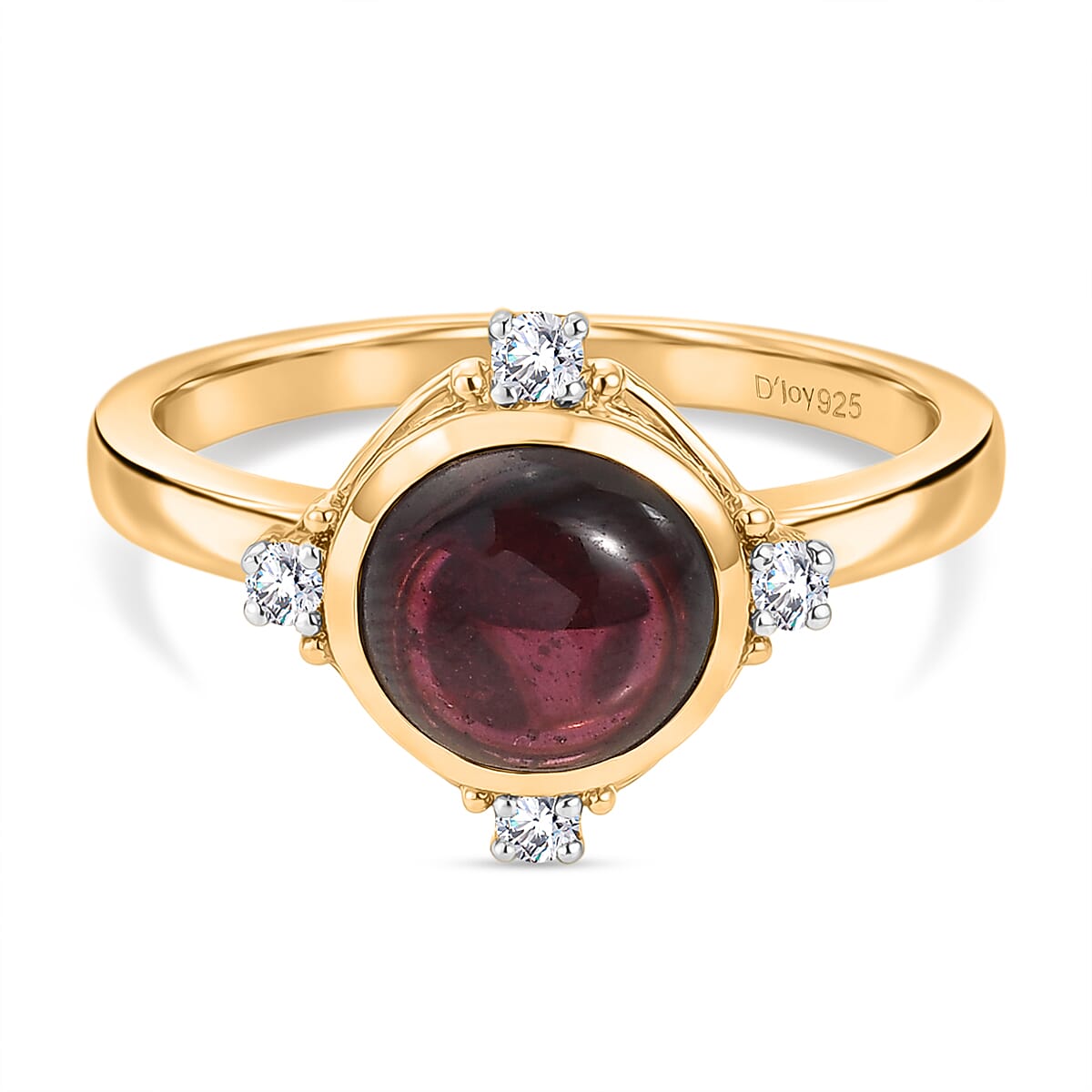 D'Joy Orissa Natural Rhodolite Garnet, White Zircon Solitaire Ring in Yellow Gold Plated Sterling Silver 2.72 Ct.