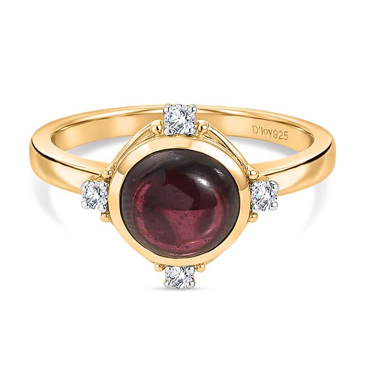 D'Joy Orissa Natural Rhodolite Garnet, White Zircon Solitaire Ring in Yellow Gold Plated Sterling Silver 2.72 Ct.