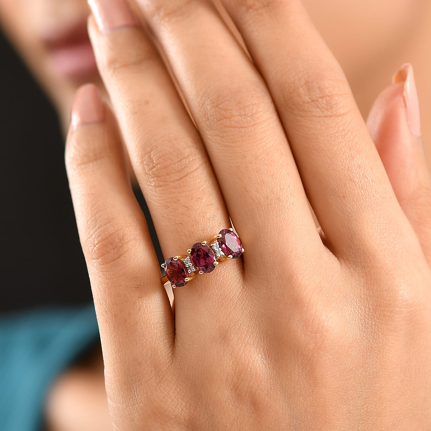D'Joy Rhodolite Garnet, White Zircon 3 Stone Ring in 18K YG VermeilSterling Silver  3.352  Ct.