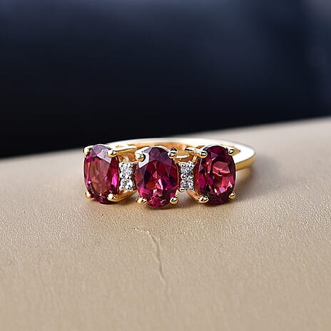 D'Joy Rhodolite Garnet, White Zircon 3 Stone Ring in 18K YG VermeilSterling Silver  3.352  Ct.