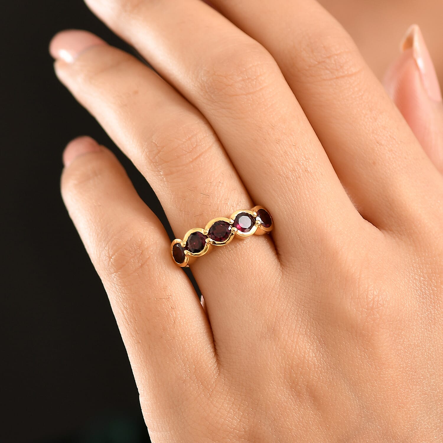D'Joy Rhodolite Garnet 5 Stone Ring in Yellow Gold Plated Sterling Silver 2.27 Ct.