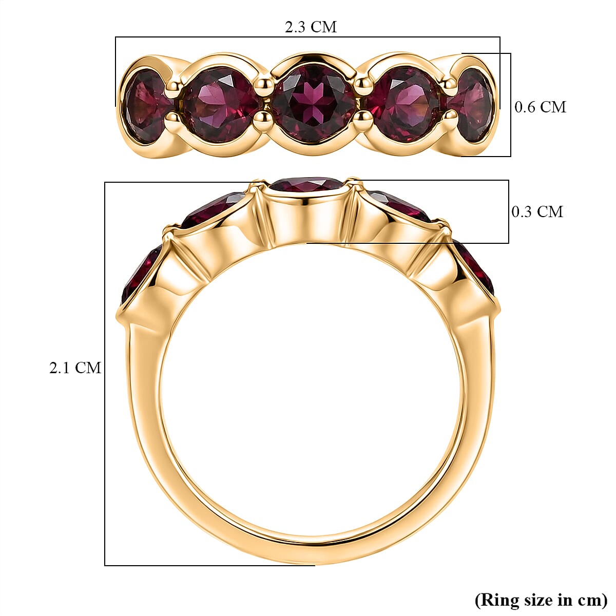 D'Joy Rhodolite Garnet 5 Stone Ring in Yellow Gold Plated Sterling Silver 2.27 Ct.