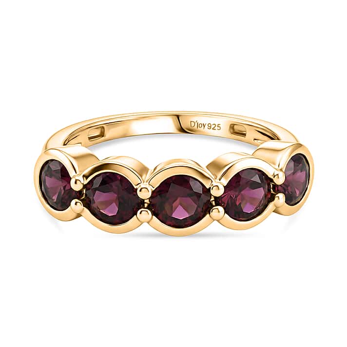 D'Joy Orissa Natural Rhodolite Garnet 5-Stone Ring in Yellow Gold Plated Sterling Silver 2.27 Ct.