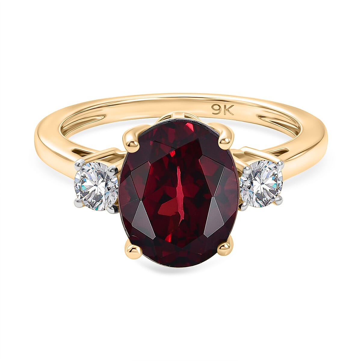 9K Yellow Gold AA Rhodolite Garnet, Lab Grown Diamond GH, SI Main Stone With Side Stone Ring, Gold Wt.2.21 Gms  4.116  Ct.