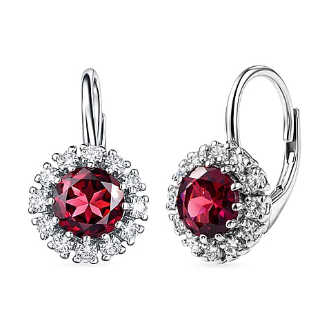 D'Joy Rhodolite Garnet, White Zircon Main Stone With Surrounding Stone Earring in Platinum OverlaySterling Silver  2.956  Ct.
