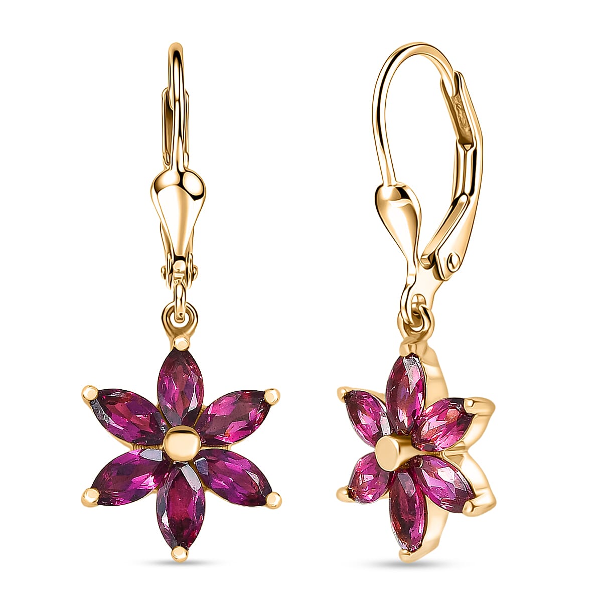 D'Joy Rhodolite Garnet Dangling Earring in Yellow Gold Plated Sterling Silver 3.66 Ct.