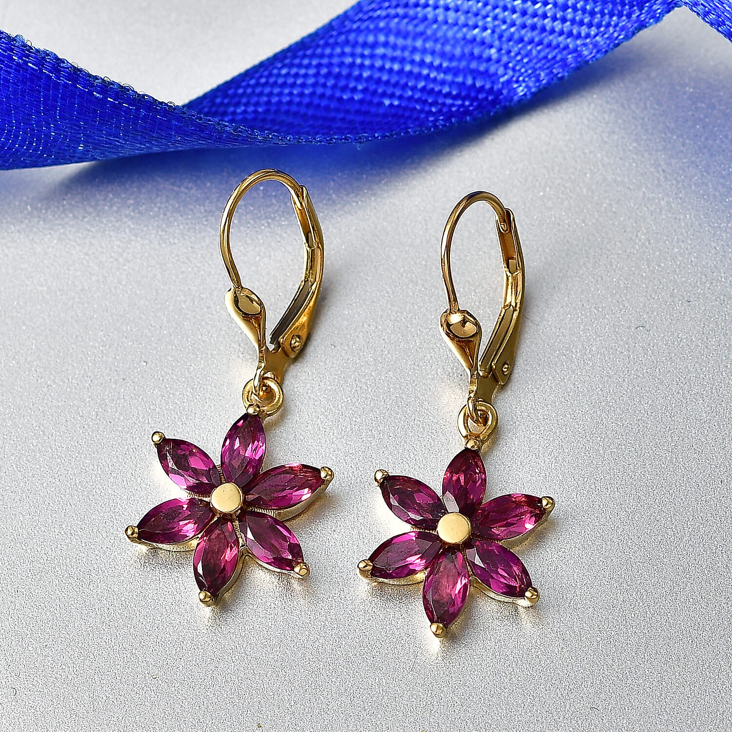 D'Joy Rhodolite Garnet Dangling Earring in Yellow Gold Plated Sterling Silver 3.66 Ct.