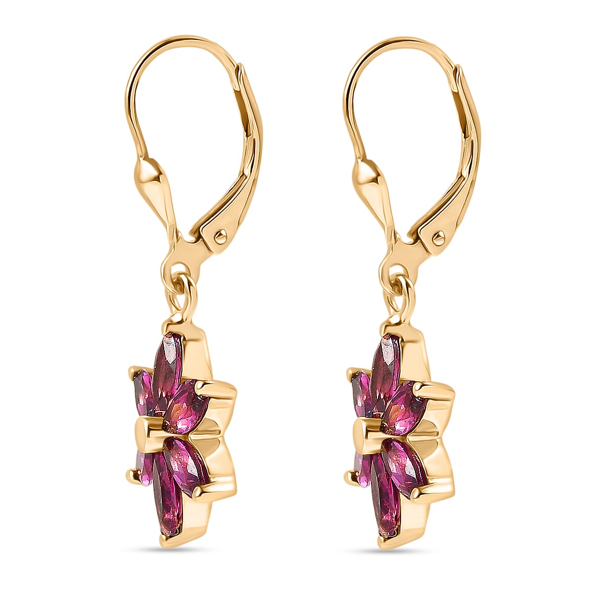 D'Joy Rhodolite Garnet Dangling Earring in Yellow Gold Plated Sterling Silver 3.66 Ct.