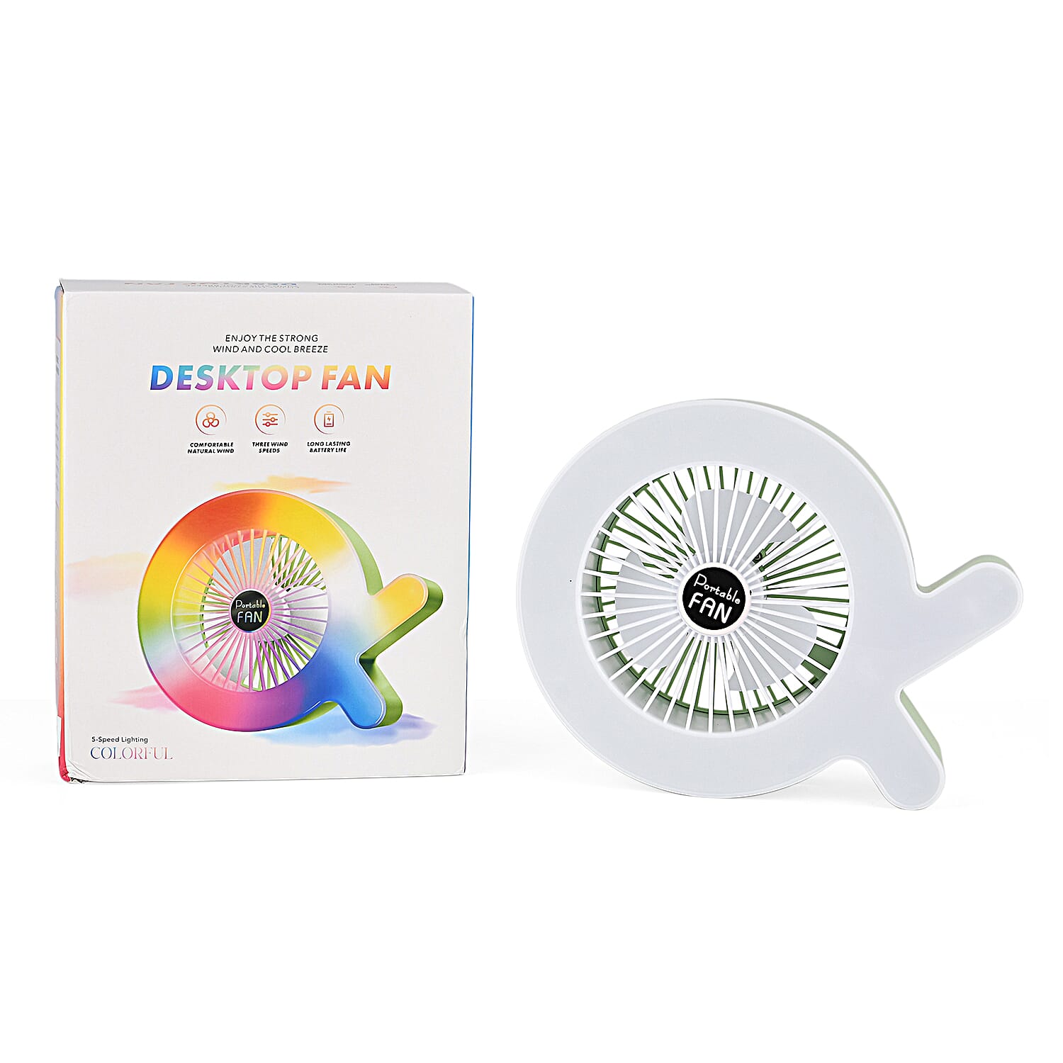 Rainbow Portable Desk Fan - 1200mAh Rechargeable (17 x 21cm) - Green - Beige