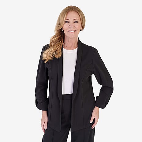 Anamor Crepe Ruched Sleeve Lapel Blazer With Gold Button Detail (Size L) - Black