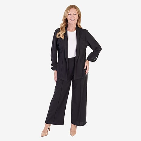 Anamor Crepe Ruched Sleeve Lapel Blazer With Gold Button Detail (Size XXL) - Black