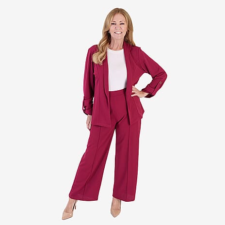 Anamor Crepe Ruched Sleeve Lapel Blazer With Gold Button Detail (Size L) - Wine