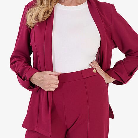 Anamor Crepe Ruched Sleeve Lapel Blazer With Gold Button Detail (Size XL) - Wine