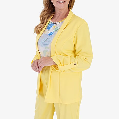 Anamor Crepe Ruched Sleeve Lapel Blazer With Gold Button Detail (Size S) - Lemon