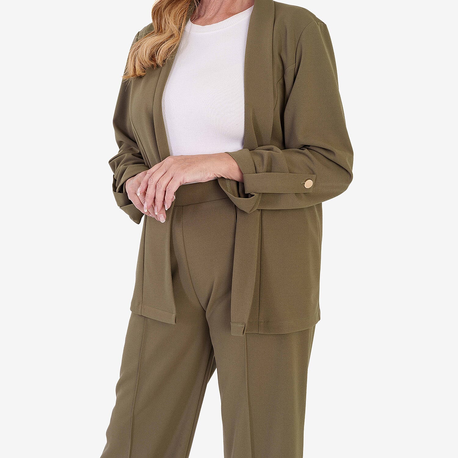 Anamor Crepe Ruched Sleeve Lapel Blazer With Gold Button Detail 