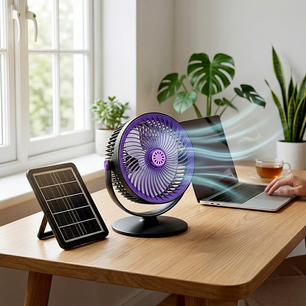 Solar Powered Portable Desk Fan - 2400mAh Rechargeable Fan with 2pcs Aroma Diffuser - Purple