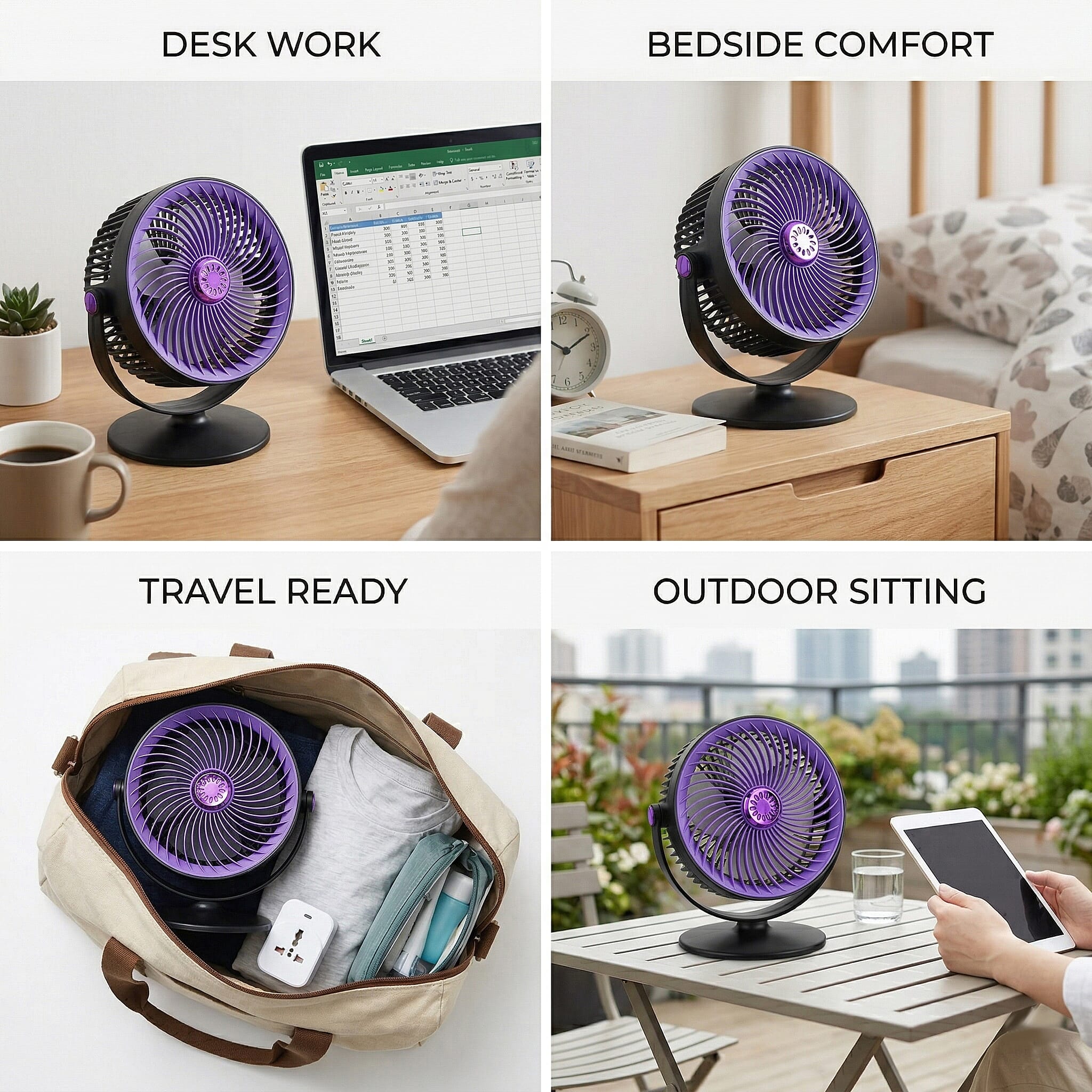 Solar Powered Portable Desk Fan - 2400mAh Rechargeable Fan with 2pcs Aroma Diffuser - Purple