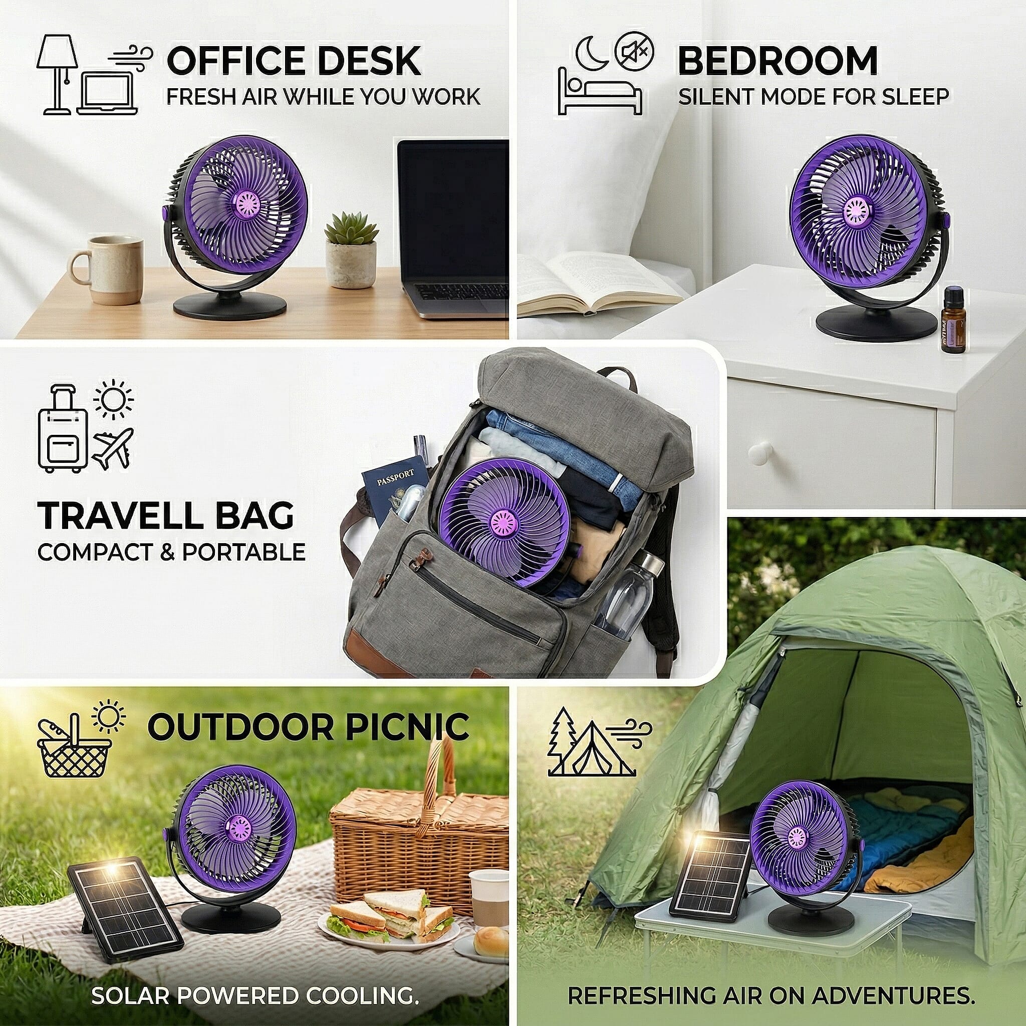 Solar Powered Portable Desk Fan - 2400mAh Rechargeable Fan with 2pcs Aroma Diffuser - Purple