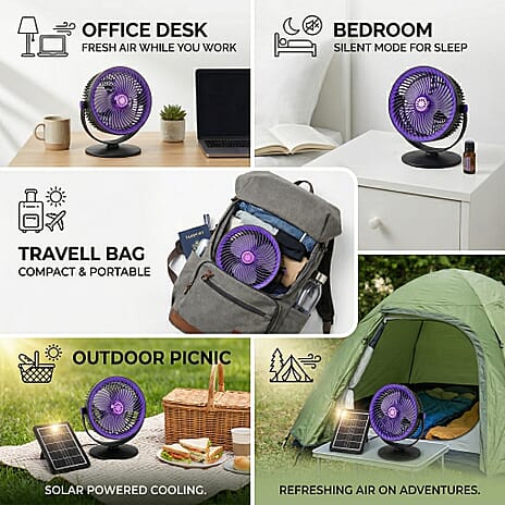 Solar Powered Portable Desk Fan - 2400mAh Rechargeable Fan with 2pcs Aroma Diffuser - Purple
