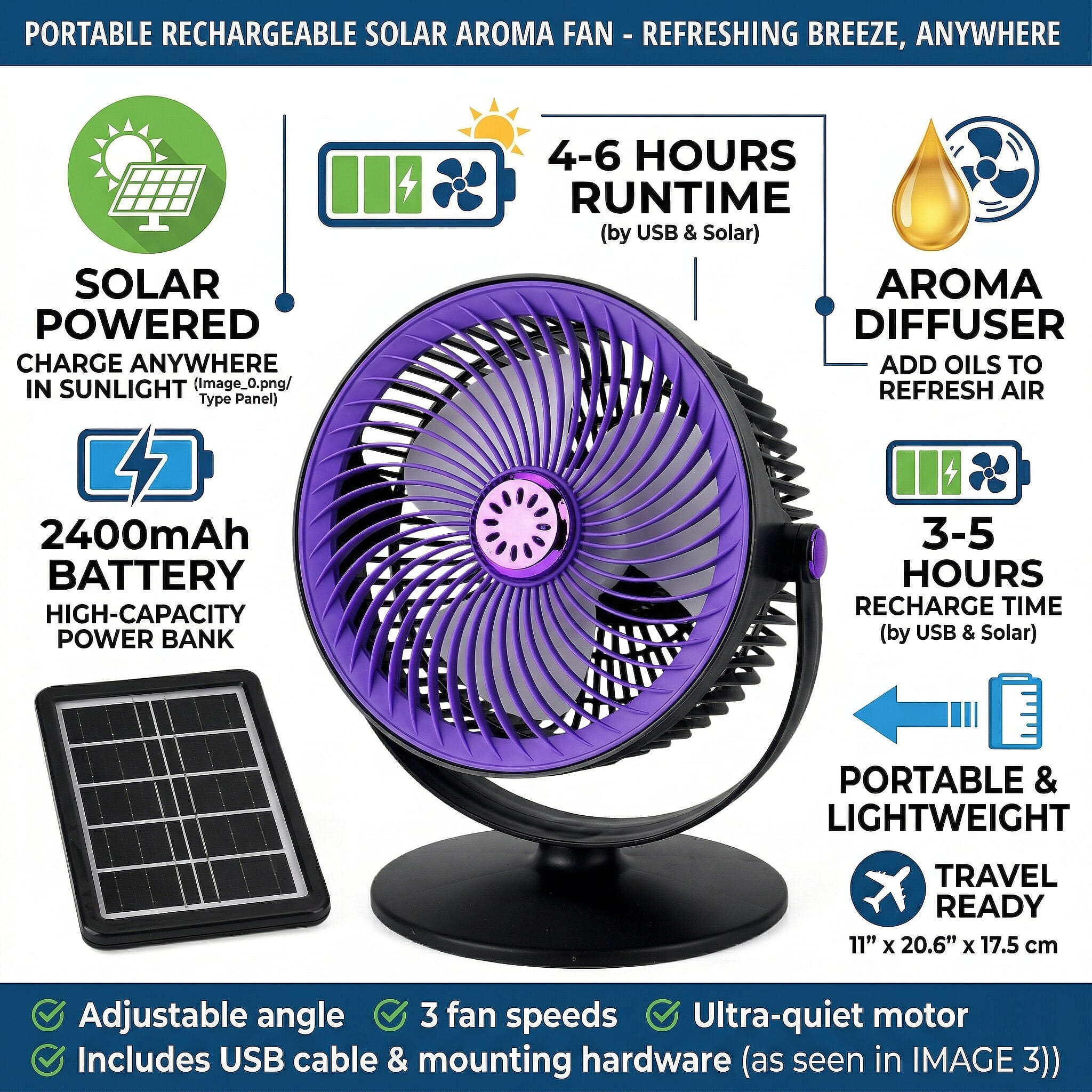 Solar Powered Portable Desk Fan - 2400mAh Rechargeable Fan with 2pcs Aroma Diffuser - Purple