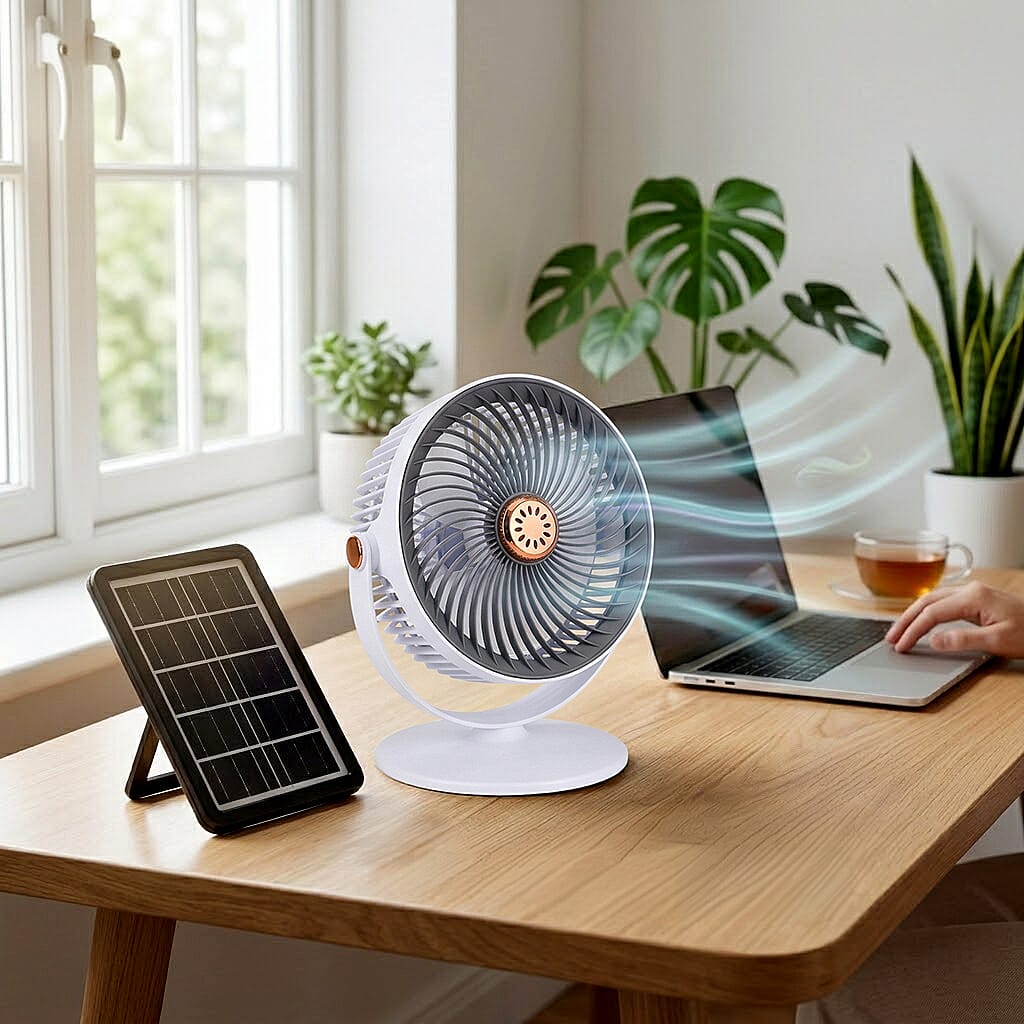 Solar Powered Portable Desk Fan - 2400mAh Rechargeable Fan with 2pcs Aroma Diffuser - Grey