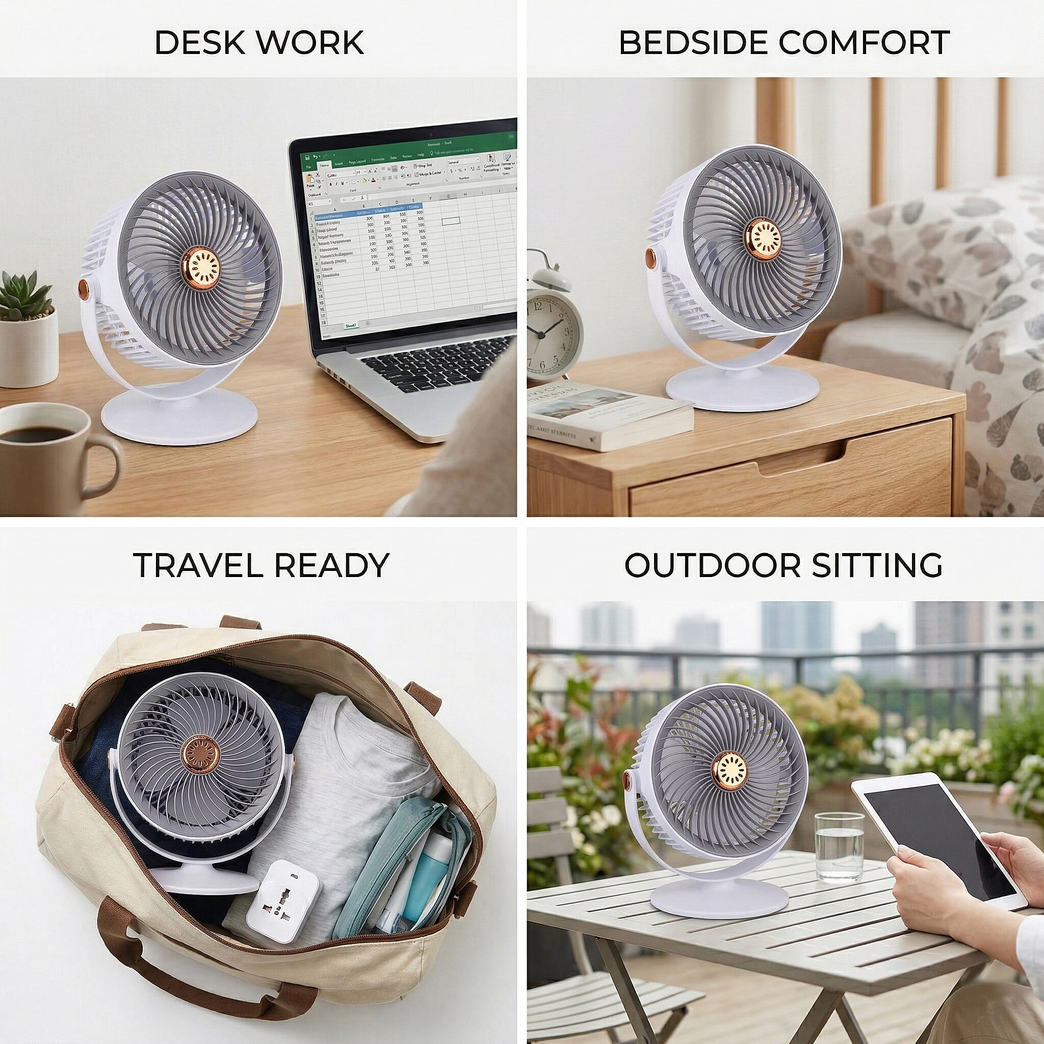 Solar Powered Portable Desk Fan - 2400mAh Rechargeable Fan with 2pcs Aroma Diffuser - Grey
