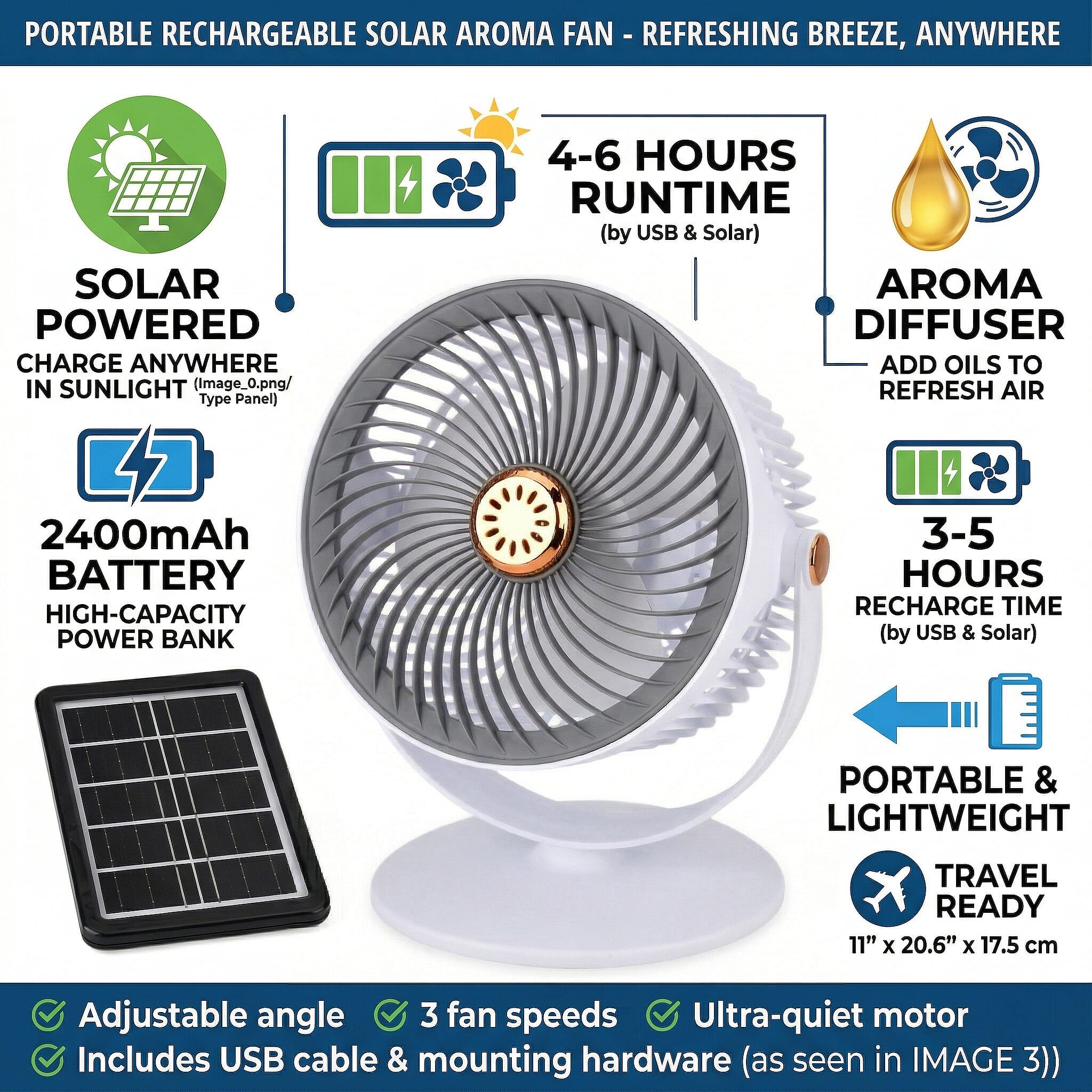 Solar Powered Portable Desk Fan - 2400mAh Rechargeable Fan with 2pcs Aroma Diffuser - Grey