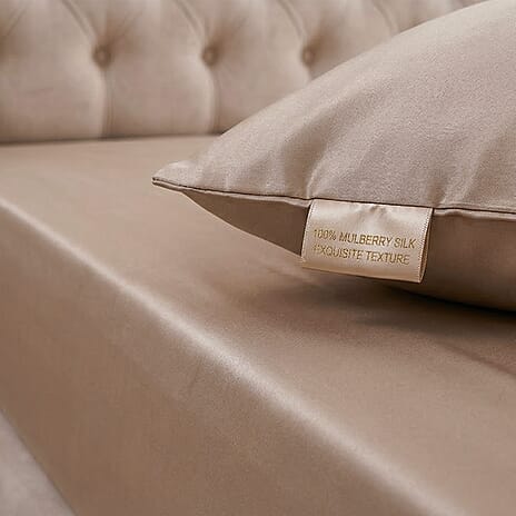 Hush Haven 4-Piece 100% Mulberry Silk Bedding Set includes - Flat Sheet, Deep Fitted Sheet - 2pc Mother of Pearl Button Pillowcases (230 x 275cm) - Grey