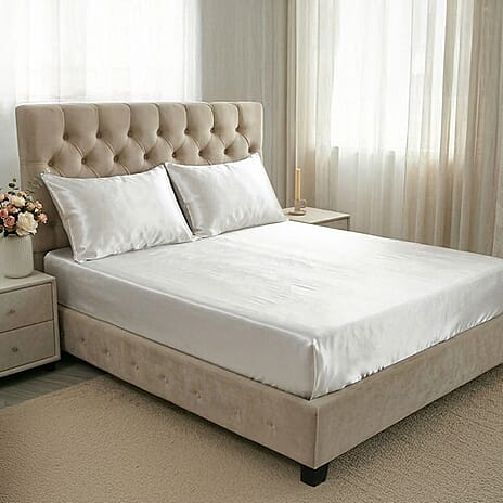 Hush Haven 4-Piece 100% Mulberry Silk Bedding Set includes - Flat Sheet, Deep Fitted Sheet - 2pc Mother of Pearl Button Pillowcases (King, 275 x 275cm) - Ivory