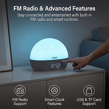 Wireless White Noise Sleep Aid Hub - Wireless Charging, Surround Sound Speakers, RGB Light Feature, FM Radio, Alarm Clock - White