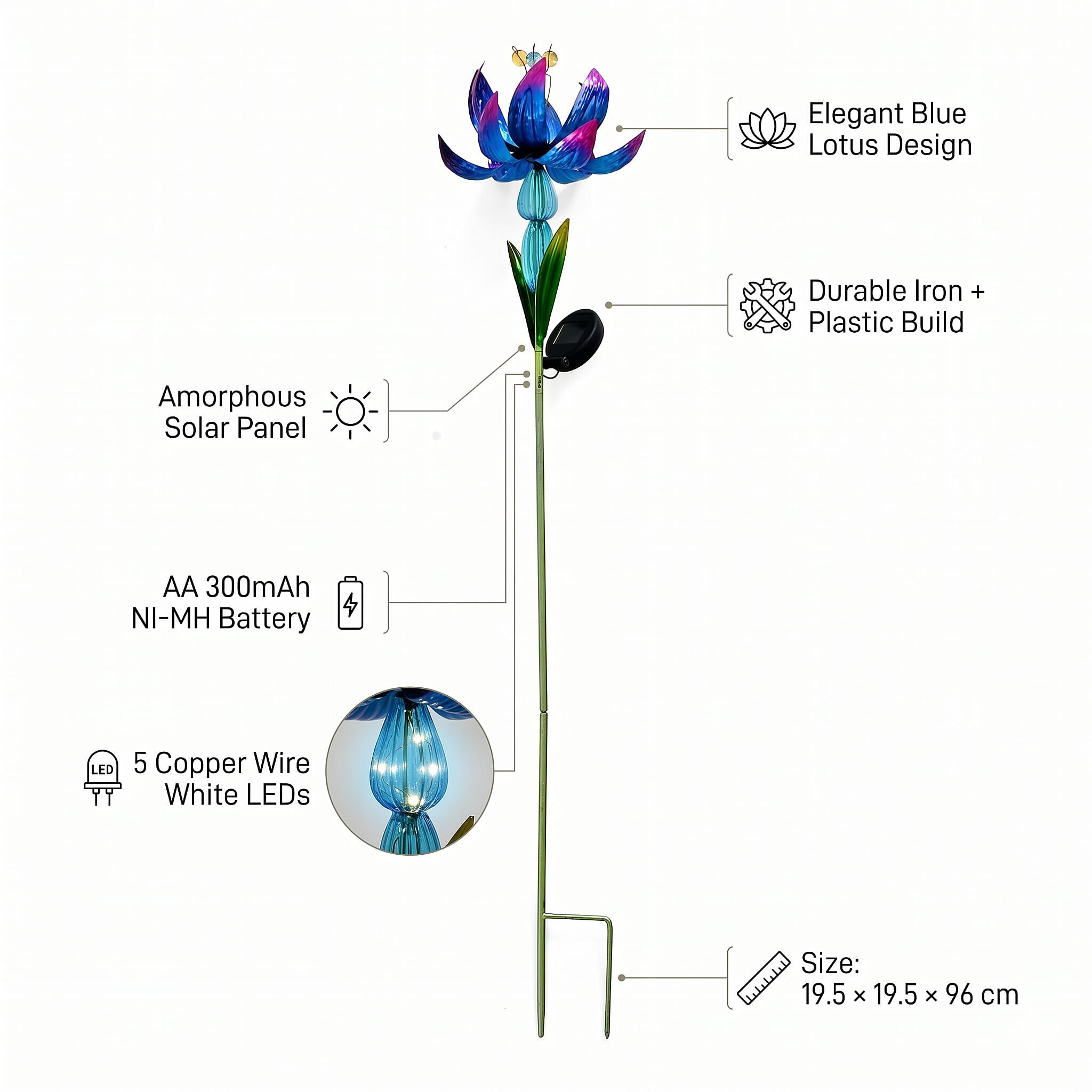 LIVMORE Solar Lotus Flower Garden Stake (96cm) - Blue