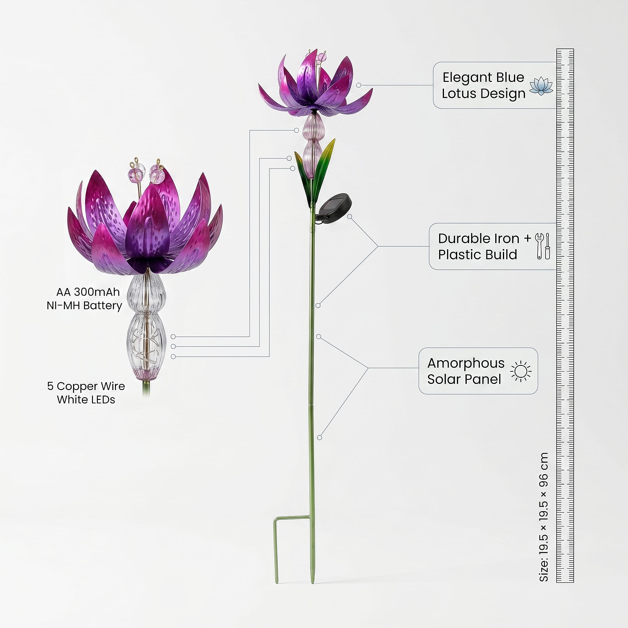 LIVMORE Solar Lotus Flower Garden Stake (96cm) - Purple