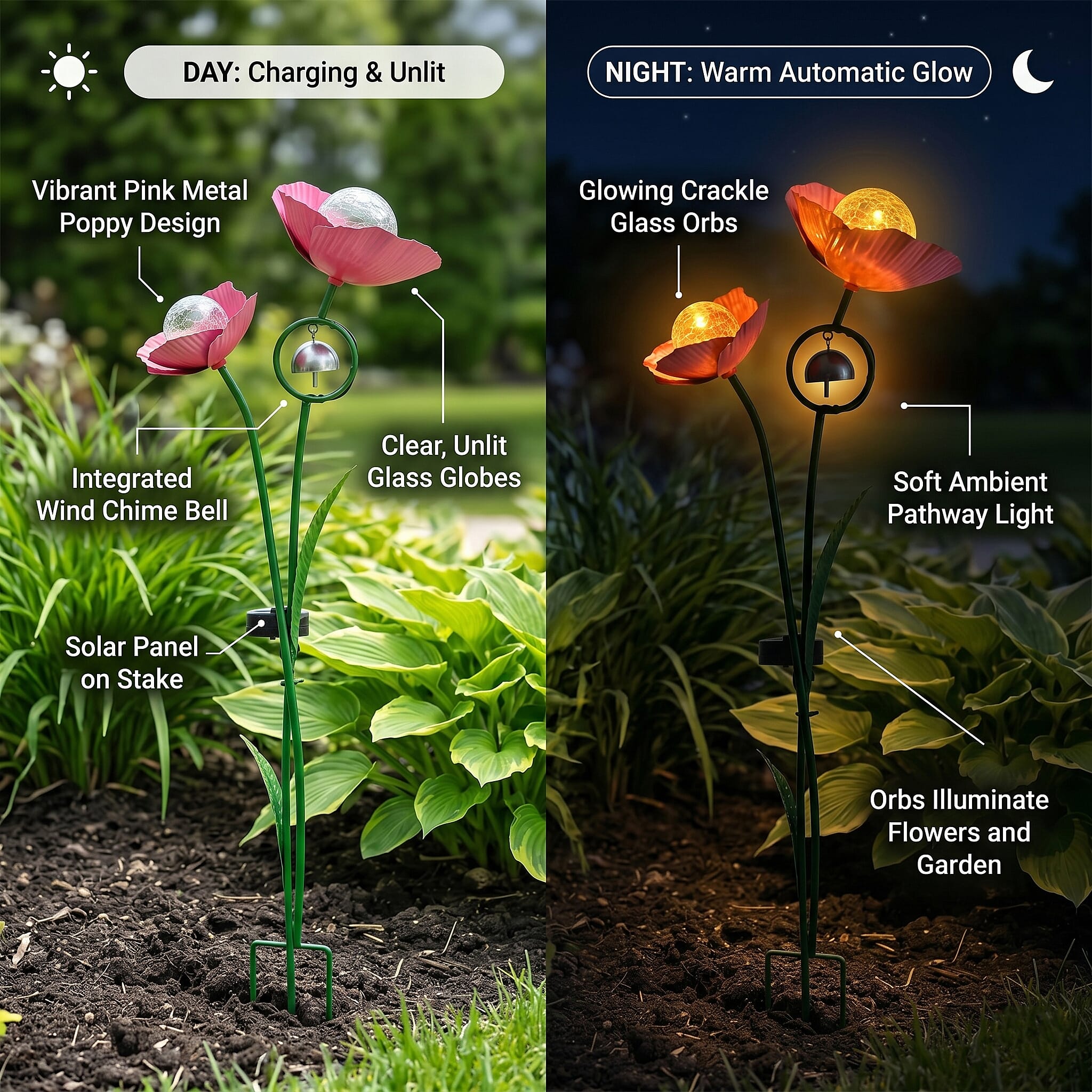 LIVMORE Solar Flower Garden Stake (91cm) - Pink & Green