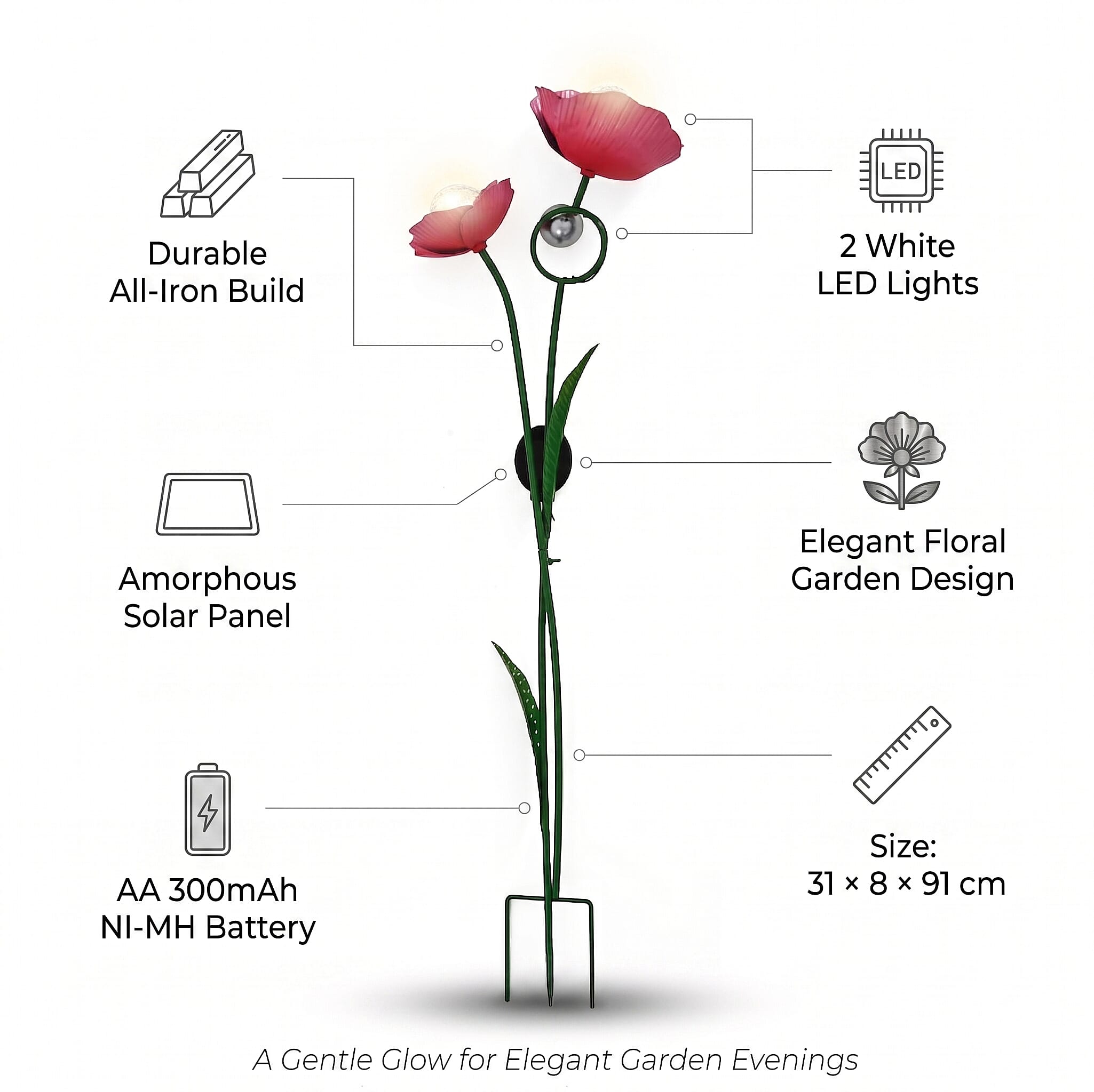 LIVMORE Solar Flower Garden Stake (91cm) - Pink & Green
