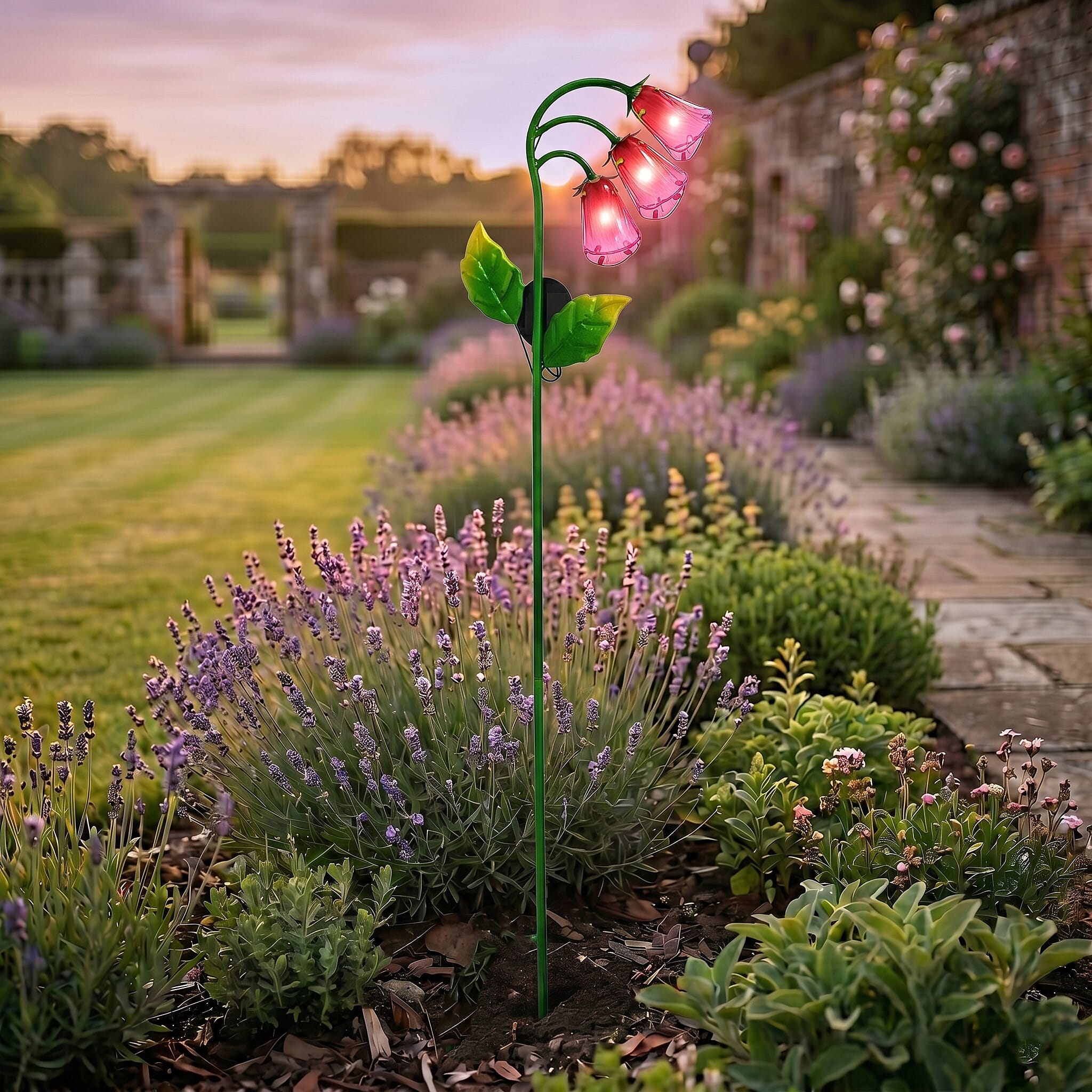 LIVMORE Solar Glass Flower Garden Stake (87cm) - Pink & Green