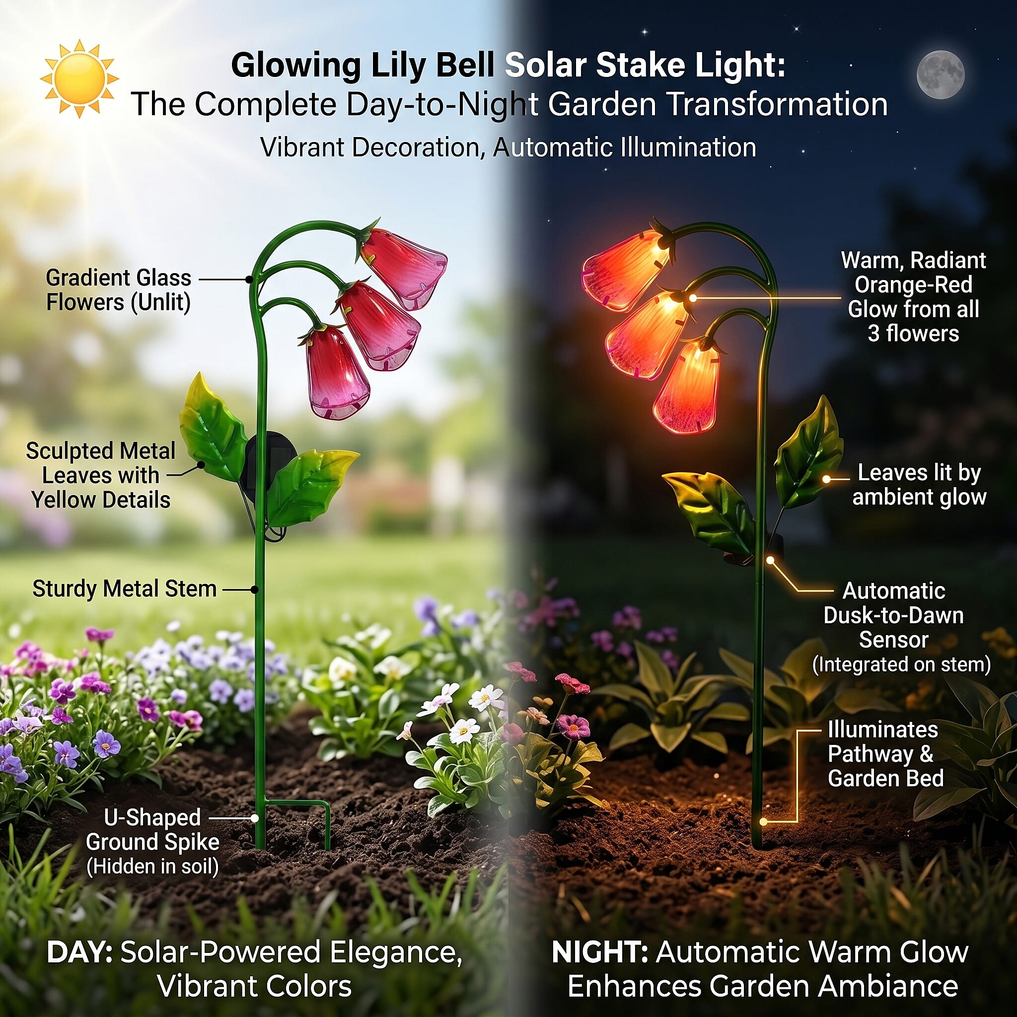 LIVMORE Solar Glass Flower Garden Stake (87cm) - Pink & Green