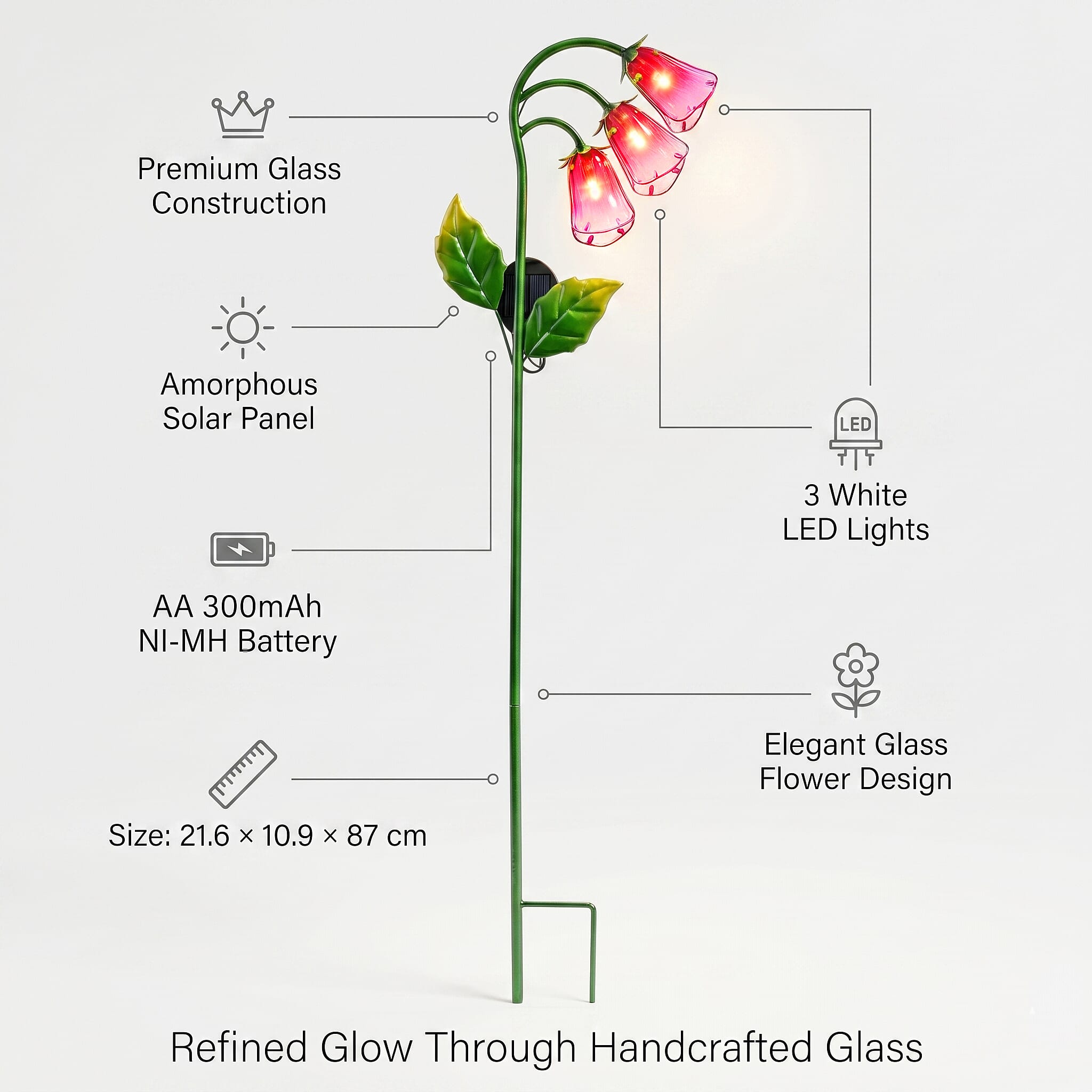 LIVMORE Solar Glass Flower Garden Stake (87cm) - Pink & Green