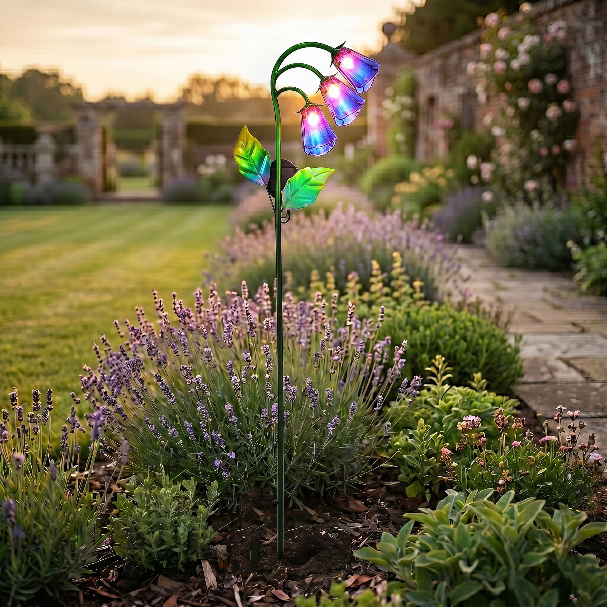 LIVMORE Solar Glass Flower Garden Stake (87cm) - Purple & Green