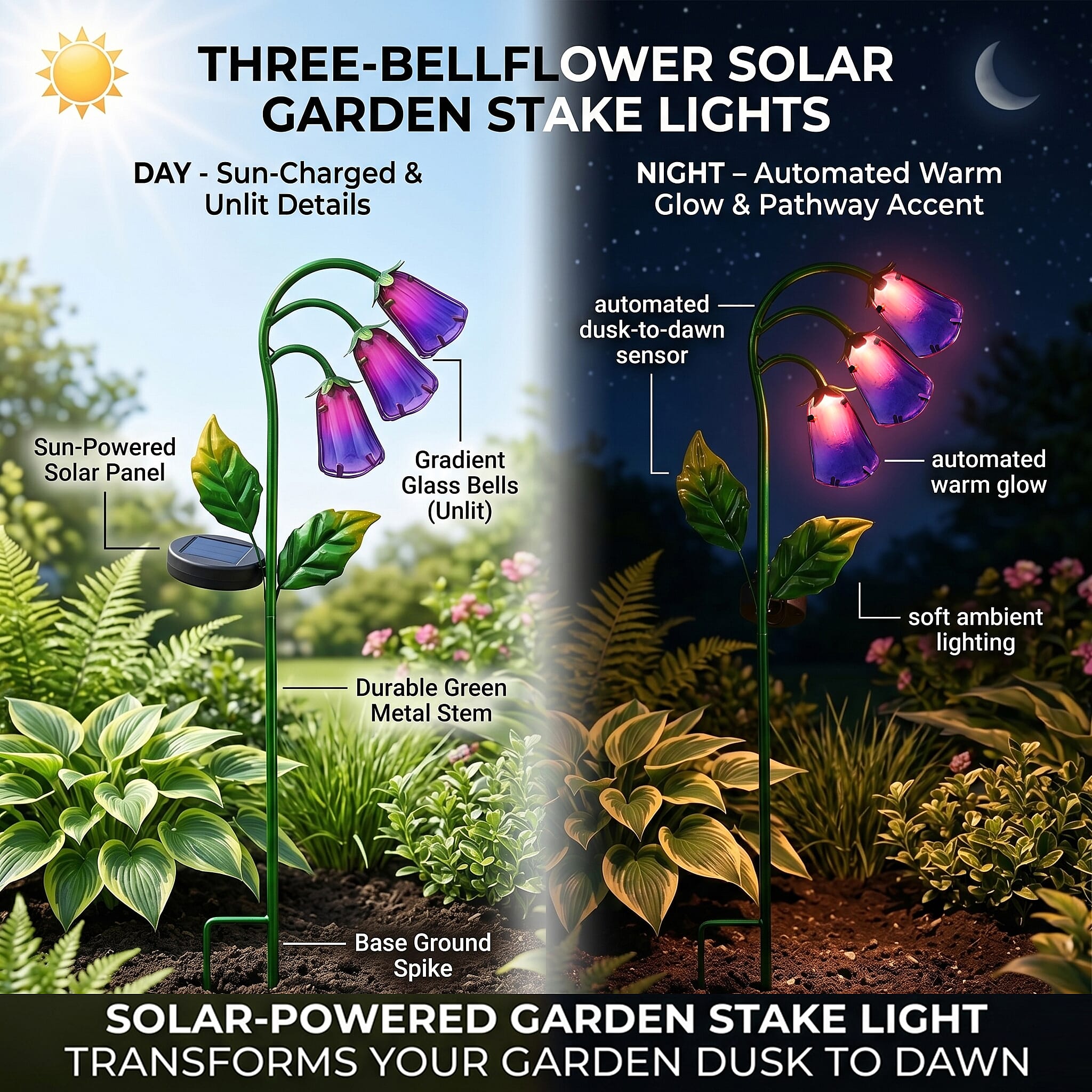 LIVMORE Solar Glass Flower Garden Stake (87cm) - Purple & Green