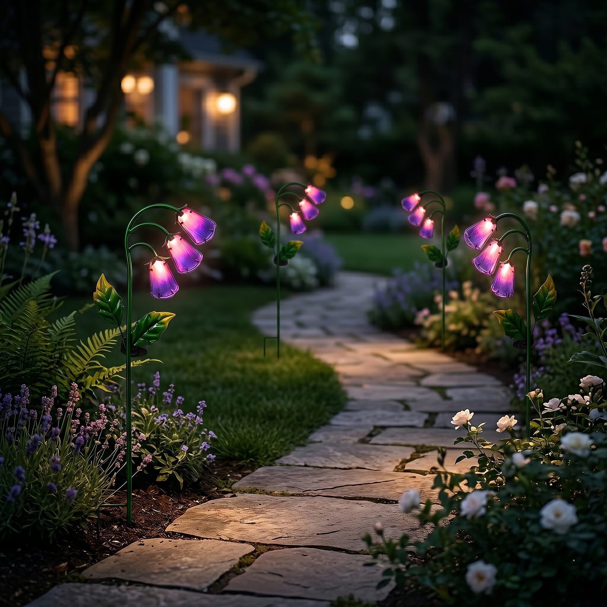 LIVMORE Solar Glass Flower Garden Stake (87cm) - Purple & Green