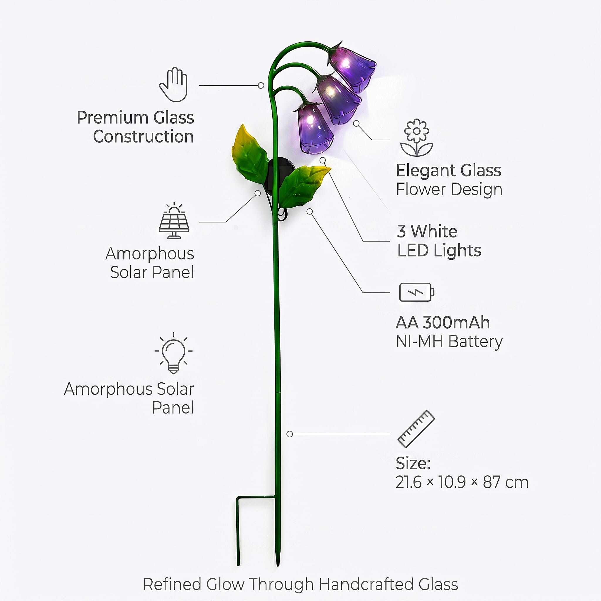LIVMORE Solar Glass Flower Garden Stake (87cm) - Purple & Green