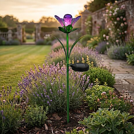 LIVMORE Solar Glass Flower Garden Stake (38cm) - Purple & Green