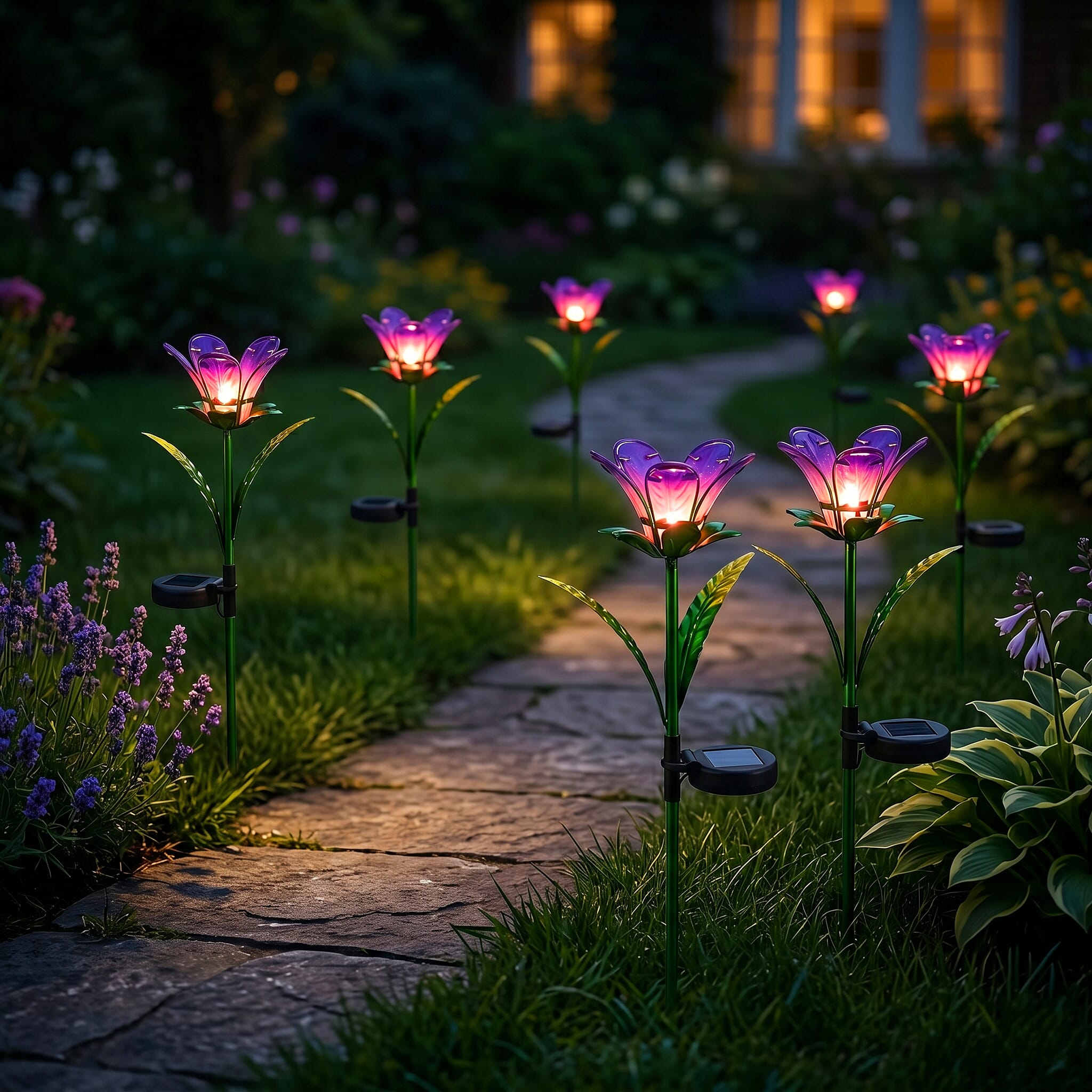 LIVMORE Solar Glass Flower Garden Stake (38cm) - Purple & Green