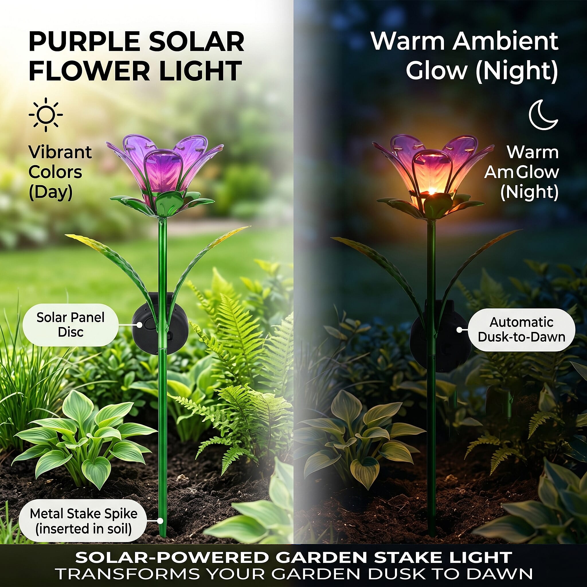 LIVMORE Solar Glass Flower Garden Stake (38cm) - Purple & Green