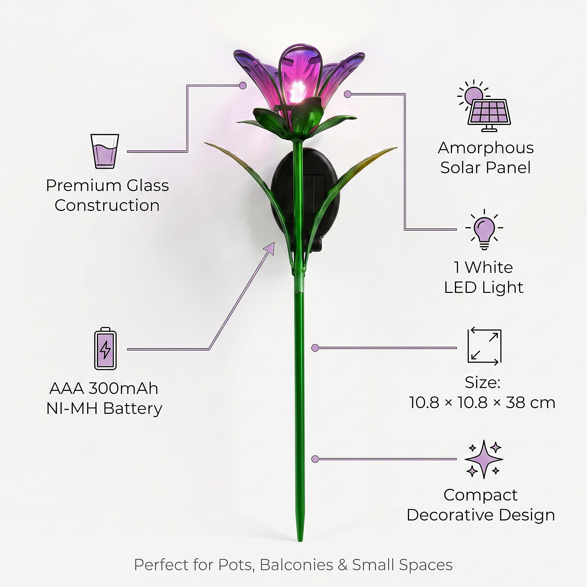 LIVMORE Solar Glass Flower Garden Stake (38cm) - Purple & Green