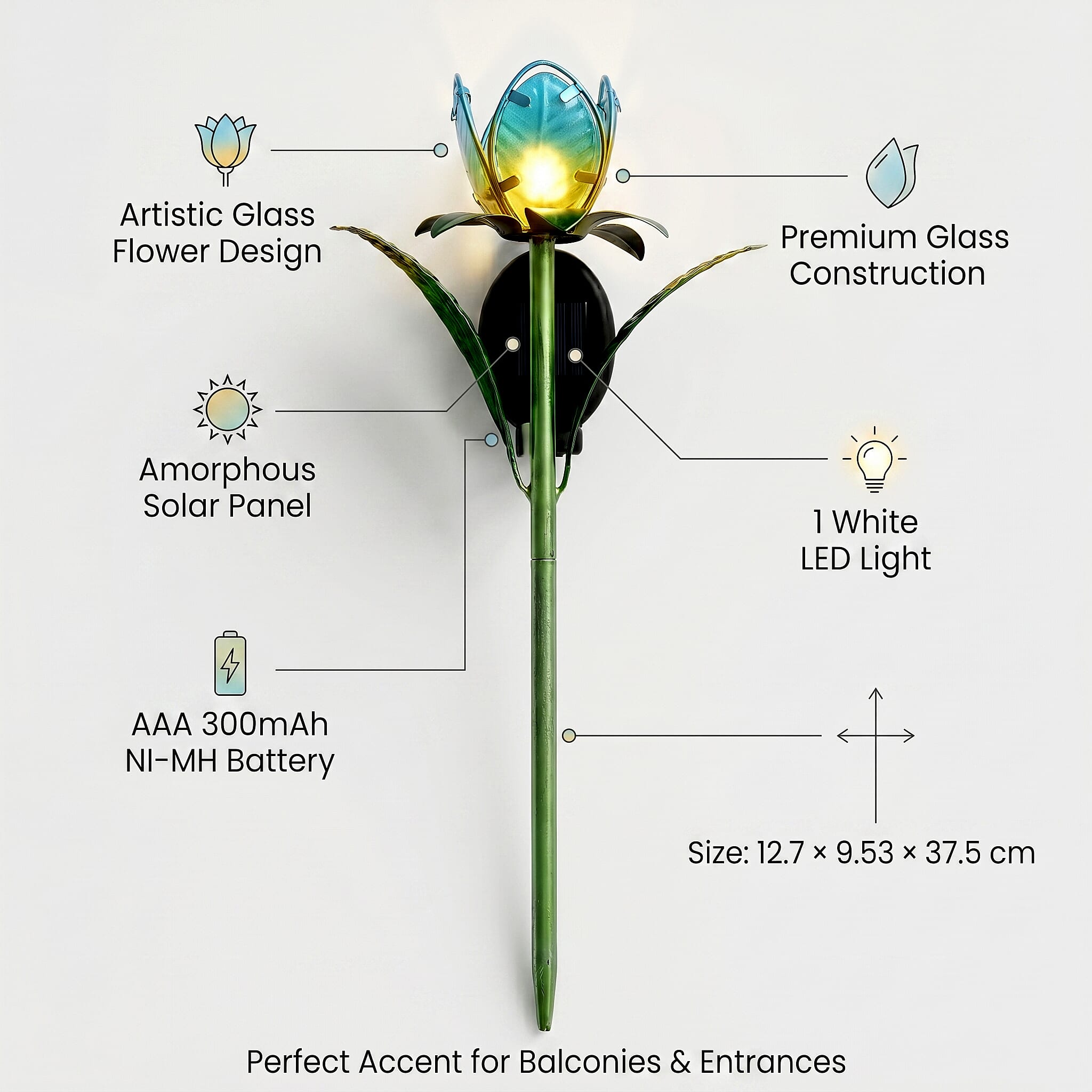 LIVMORE Solar Glass Flower Garden Stake (37cm) - Blue & Green
