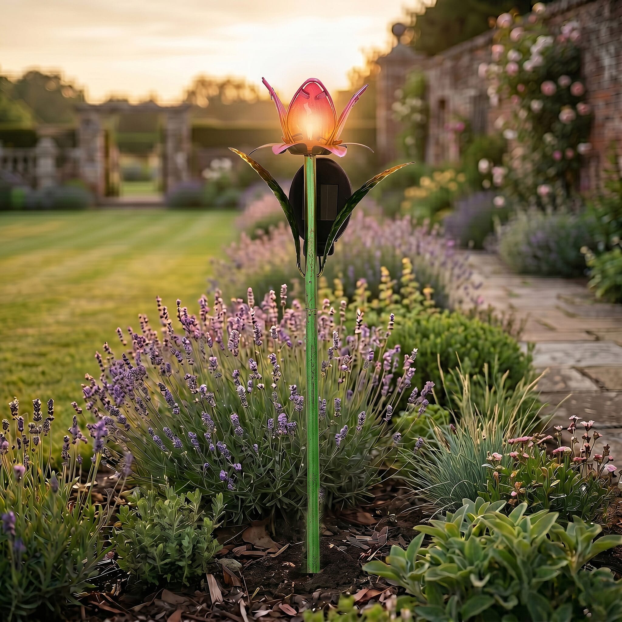 LIVMORE Solar Glass Flower Garden Stake (37cm) - Pink & Green