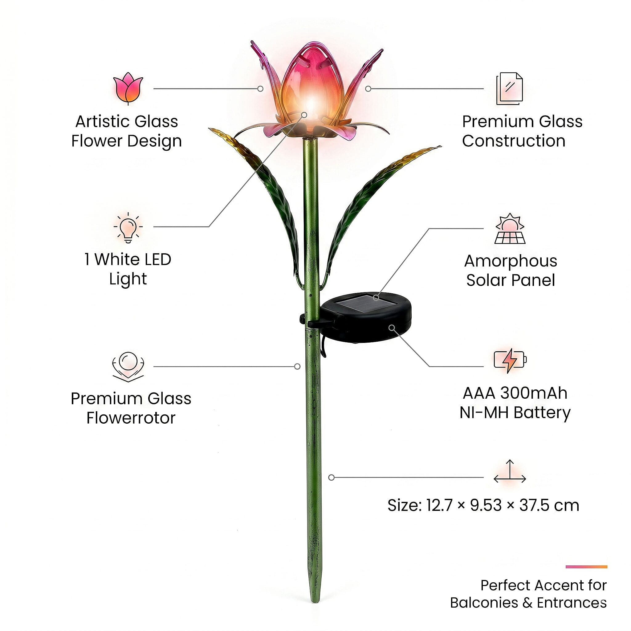 LIVMORE Solar Glass Flower Garden Stake (37cm) - Pink & Green